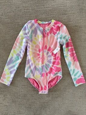NWT Kids Long-Sleeve Tie-Dye Rash Guard Swimsuit - Pink Multi Size 10